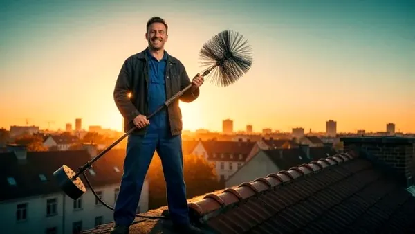 Chimney technician holding a sweep brush on a Sunnyvale roof at golden hour