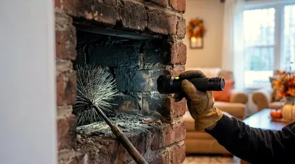 Inspecting the inside of a fireplace with a flashlight in an Orchard Gardens home